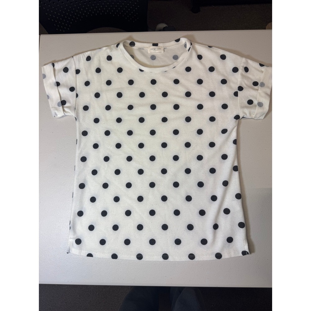 Orange Creek Polka Dot Print Short Sleeve Top Casual Cute White Size S
